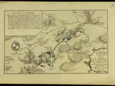 3. supplement Nového válečného divadla. Plán útoku dvou rakouských sborů na velký transport určený královské pruské armádě na Moravě dne 28. a 30. června 1758. Objasnění písmen. A – cesta, kudy se ubíral královský pruský transport do Olomouce; B – čelo téhož; C – útok rakouského sboru pod velením generála Laudona ze čtyř pěchotních batalionů, jednoho regimentu dragounů, dvou regimentů husarů a 600 Chorvatů dne 28. června u Guntramovic na královského pruského generála von Ziethen, D – druhý útok pod velením genererála von Siskowitz na generála von Putkammer u Nové Vésky, E – vyhození vozů do povětří; F – místo, kde byl Laudonův sbor po prvním útoku opět nasazen a následně při druhém útoku současně zaútočil z jiné strany. – Překlad místopisných názvů zleva doprava a shora dolů: Christorff – Křišťanovice; Maÿwald – Májůvka; Hoff – Dvorce; Herzogwald – Herčivald; Creutzberg – Kružberk; Prockersdorf – Čabová; Raigersdorf – Rejchartice; Pautsche – Budišov nad Budišovkou; Bährn – Moravský Beroun; Andersdorf – Ondrášov; Teutsch Lotnitz – Horní Loděnice; Alte Liebe – Stará Libavá, Schönwald – Podlesí; Lypein – Lipina; Domstadtl – Domašov nad Bystřicí; Nürnberg – Norberčany; Stachendorf – Stachov; Post-Weg von Ollmütz nach Troppau – poštovní silnice z Olomouce do Opavy. – Jetziges Kriegs-Theater oder Vorstellung derer LAGER, SCHLACHTEN, BELAGERUNGEN, MARCHEN etc., Augspurg, zu finden bey Iacob Andreas Friderich, 1758.